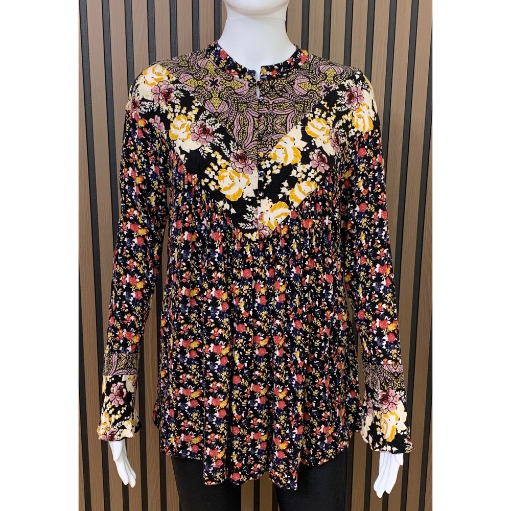 Free People Mixed Floral Paisley Tunic Blouse Black Multi Long Sleeve‎ S Boho